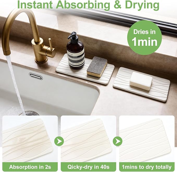 Water Absorbing Stone Tray for Bathroom Sink Stone Drying Mat for Kitchen Counter Diatomite Sink Soap Dispenser Trays Quick Dry Mat Kitchen Decor Diatomaceous Earth Vanity Tray Bathroom Accessories