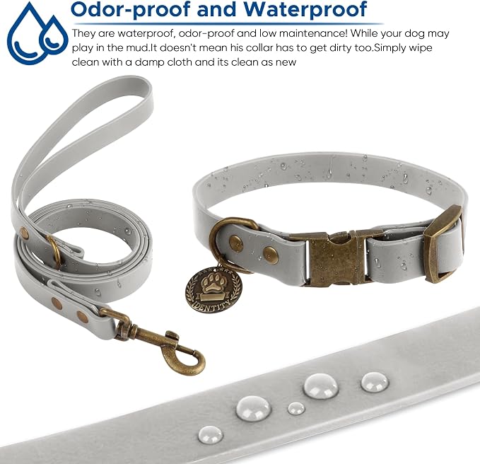Wisedog Waterproof Dog Collar and Leash Set, XS, Grey | Adjustable Puppy Collar, Cute Tag, 4FT Dog Leash, Poop Bag Included, Small Medium Large Dogs