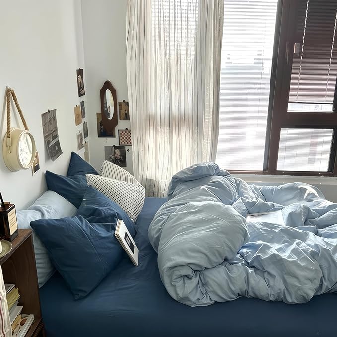 mixinni 100% Washed Cotton Duvet Cover Set King Size, Solid Light Blue Ocean Themed Chic Bedding, Soft Breathable Minimalist Comforter Cover with Zipper Closure & Corner Ties-King Size