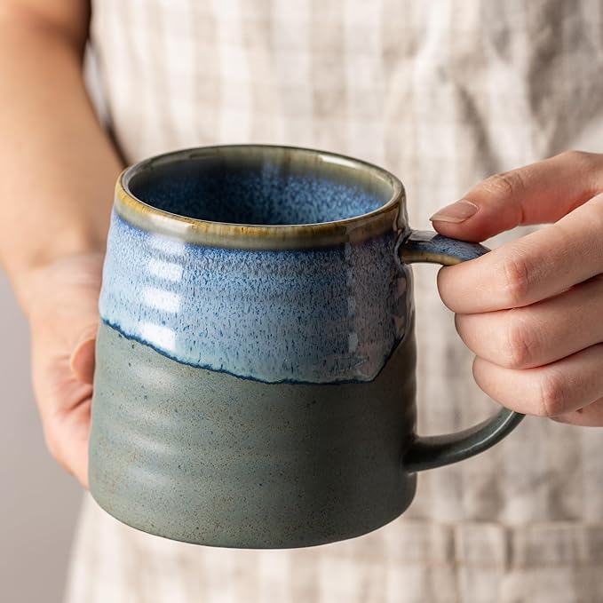 15.5 Oz Large Reactive Glaze Ceramic Mug, Heavy Weighted Stoneware Coffee Cup, Wide Base, Thick Wall Big Tea Cup with Custom Package Box, Microwave & Dishwasher Safe(Blue-Grey)