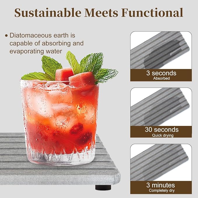 3PCS Diatomite Stone Tray Set, Large Soap Holder & 2 Square Coaster Mats for Bathroom Kitchen Counter, Fast-Absorbing Sink Organizer with Non-Slip Feet, 8.3x4 & 4x4 Inches