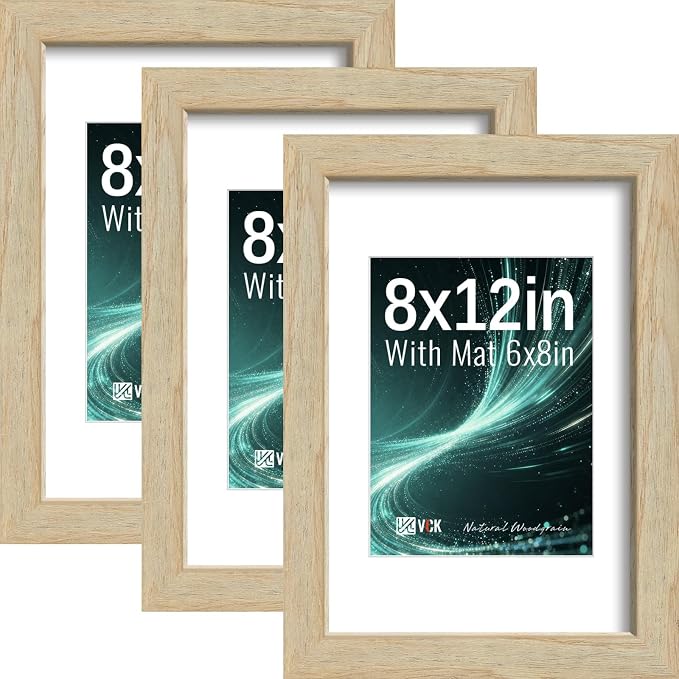 VCK 8x12 Picture Frames Natural - 3 Pack, Wide Border Solid Wood, Tempered Glass, Display 6x8 Photo with Mat or 8 x 12 Without, for Home, Office, Gallery, Woodgrain Series, Tabletop & Wall Hanging