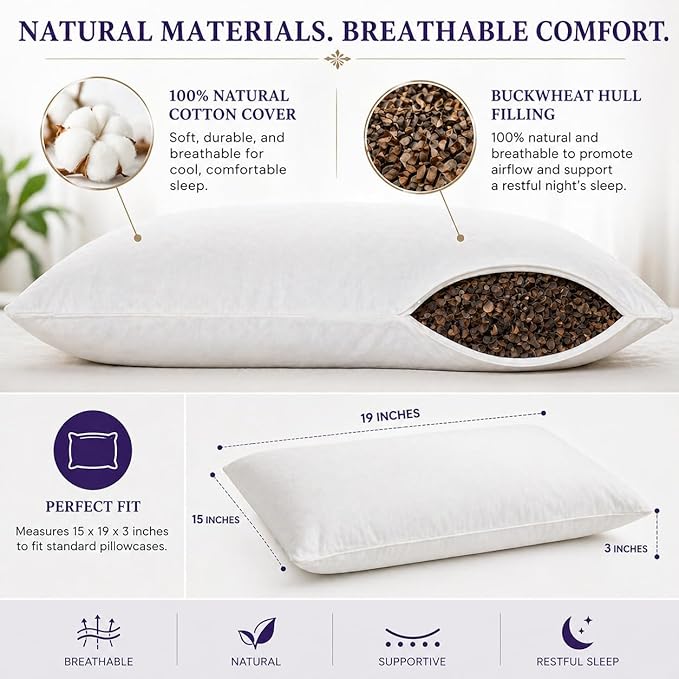Sobakawa Traditional Buckwheat Standard Size Pillow Organic Cotton with Natural Technology for Cool Sleep, Neck Support for Back and Side Sleepers or as a Meditation Cushion,White