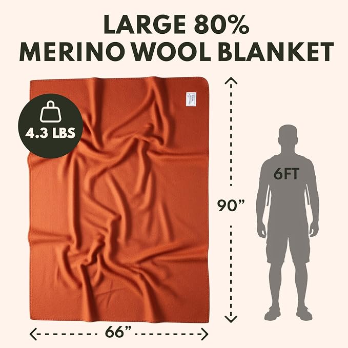Woolly Mammoth Woolen Company Merino Wool Blanket, 66" x 90" Ember | Temperature Regulating - Fire-Resistant - Warm Camping Blanket for Car Emergency Kits, Picnics, Summer Festivals and Stadiums