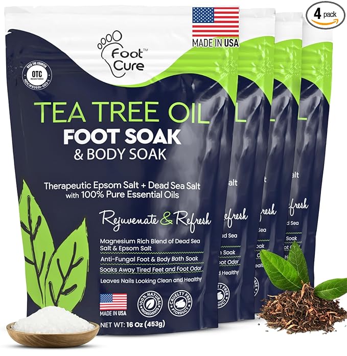 FOOT CURE Tea Tree Oil Foot Soak with Epsom Salts- for Foot Pain, Soreness, Athletes Foot, Odors, Toe Nail Fungus, Fungal, Calluses (Pack of 4)