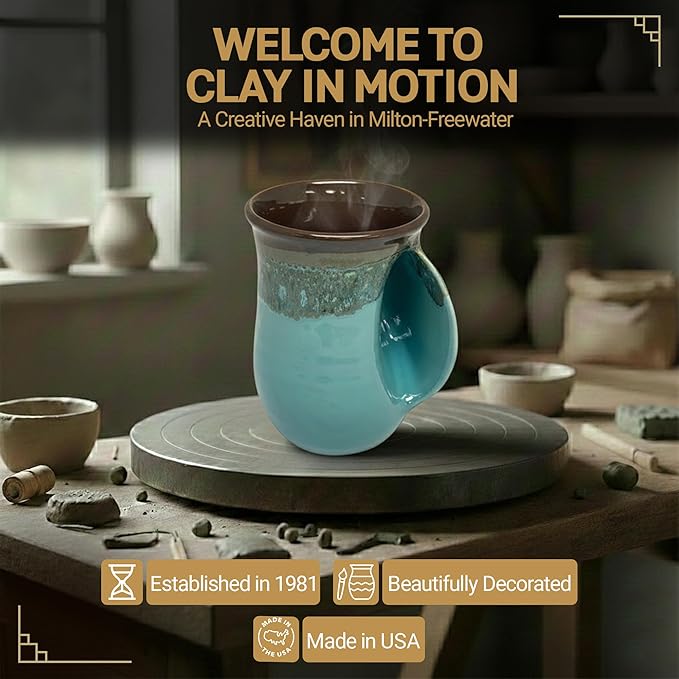 Clay in Motion Hand Warmer Coffee Mug – Handmade Coffee Mug With Comfortable Handle Contoured Pocket Hand Warming Ceramic Coffee Mug – Proudly Made in USA – Right Handed – 14 Oz - Ocean Tide