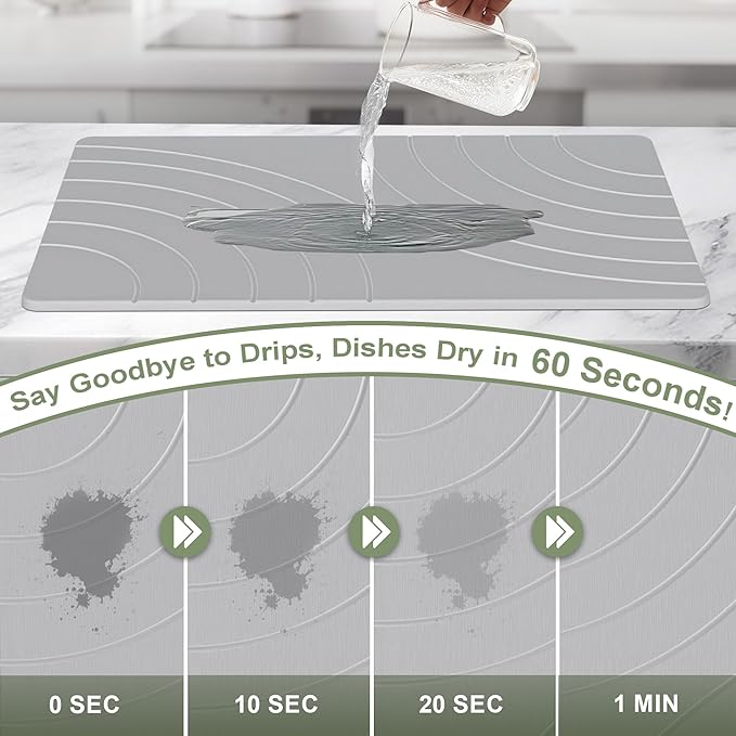 Large Stone Drying Mat for Kitchen Counter, 24" × 16" Diatomite Dish Drying Mat, Quick Dry Stone Mats, Ultra Absorbent Natural Diatomaceous Earth Mats for Dished, Bottles, Grey