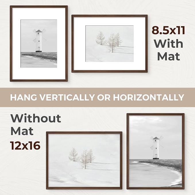 12x16 Picture Frame with Mat for 8.5x11, USA-Sourced Natural Walnut Wood Handcrafted Rounded Corner with HD Tempered Glass, 12 x 16 Photo Frames Gallery Wall & Tabletop, Vertical or Horizontal Display