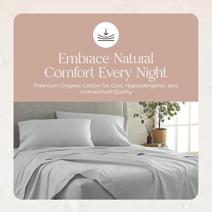 Certified Organic Queen Flat Sheet Only - 100% Organic Cotton Top Sheet with Luxurious Soft and Breathable 300 Thread Count Sateen Weave Finish - GOTS & Fairtrade Certified (Shore, Queen)