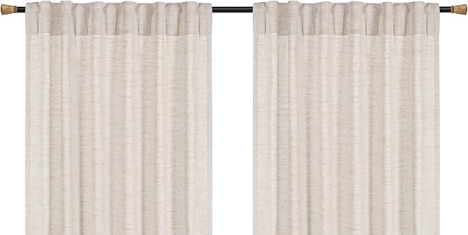 Farmhouse Linen Curtains 50x63 Inch Set of 2 Panels, Natural Flax Poly Slub Tab Top Drapes, Light Filtering Room Darkening Curtains for Bedroom & Living Room – Rustic Natural Window Treatment