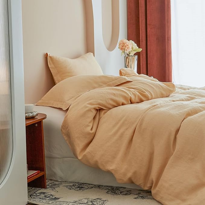 Simple&Opulence 100% Linen Duvet Cover Set, Natural French Flax Sand Duvet Cover Twin Size, Breathable Soft Comfy Linen Bedding Comforter Cover with 1 Pillowcase(Sand, 68"x86")