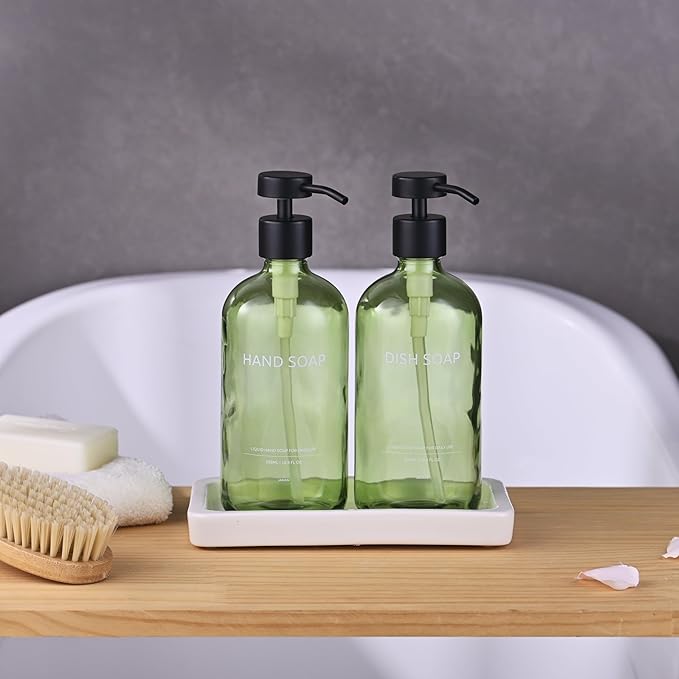 Glass Kitchen Soap Dispenser Set with Ceramic Tray,16.9 floz Hand and Dish Soap Dispenser for Kitchen and Bathroom Decor (Green Bottles + Black Pumps)