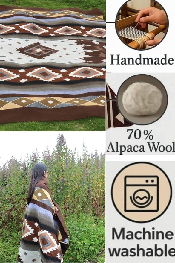 AHUAY Premium Hypoallergenic Alpaca Wool Blanket – Queen Size 94X78 - Ultra Soft Warm Lightweight Andean Geometric Throw, Handmade in Ecuador (Tungurahua Brown Coffee)