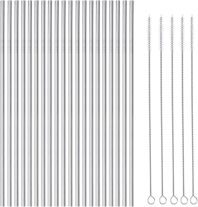 25 Piece Set Stainless Steel Straws Ultra Long 10.5 Inch Drinking Metal Straws Reusable Drinking Straws for 20 30 OZ (20 Straight| 5 Brushes)