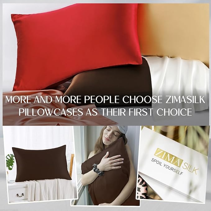 ZIMASILK 100% Pure Mulberry Silk Pillowcase for Hair and Skin Health,Soft and Smooth,Both Sides Premium Grade 6A Silk,600 Thread Count,with Hidden Zipper,1pc(Standard 20''x26'',Chocolate)