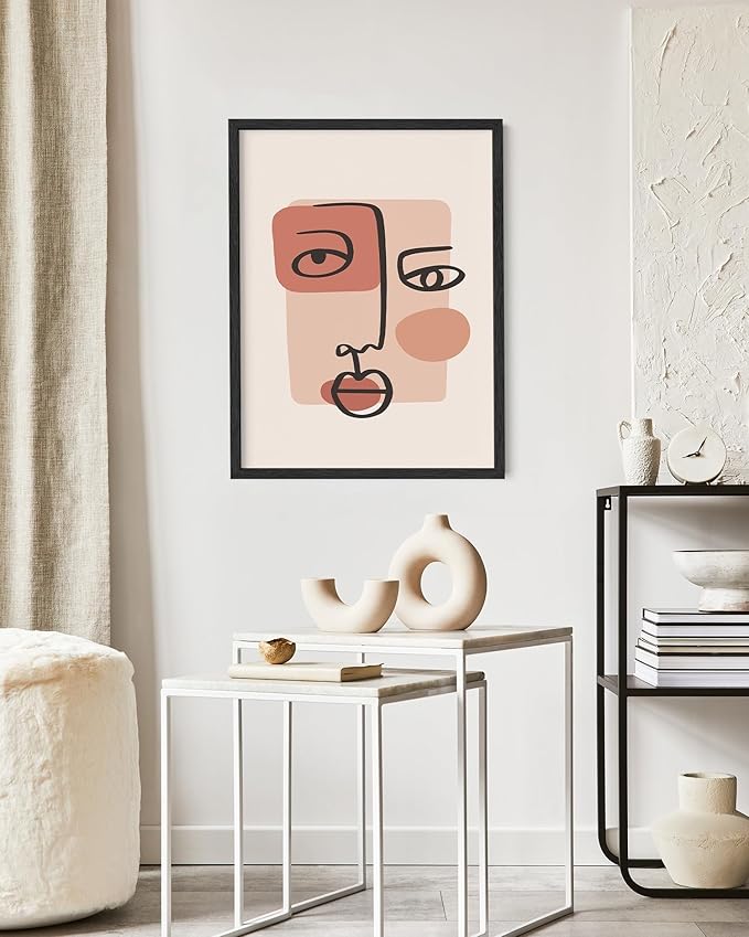 Abstract Face Wall Art Continuous Line Drawing Organic Shapes Earth Tones Terracotta Mid Century Modern 16x20 Inch Oak Wood Black Framed Minimalist Portrait for Bedroom Decor