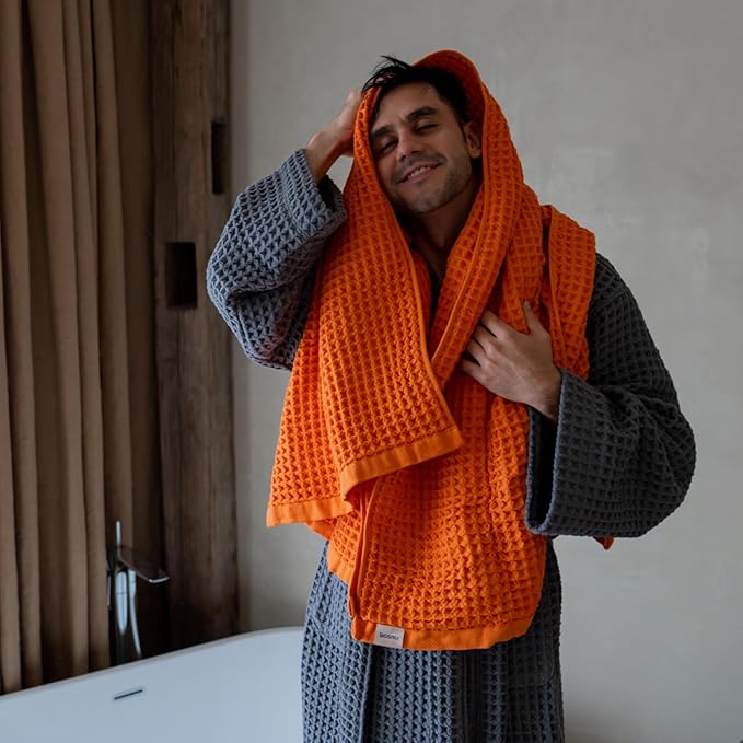 Luxury Organic Japanese Cotton Waffle Bath Towel | Thick, Absorbent, Quick Dry Bathroom Towels for Shower, Sauna, Onsen| Hotel & Spa Quality, Gift-Ready (Coral Orange, Bath Sheet (2 Pack))