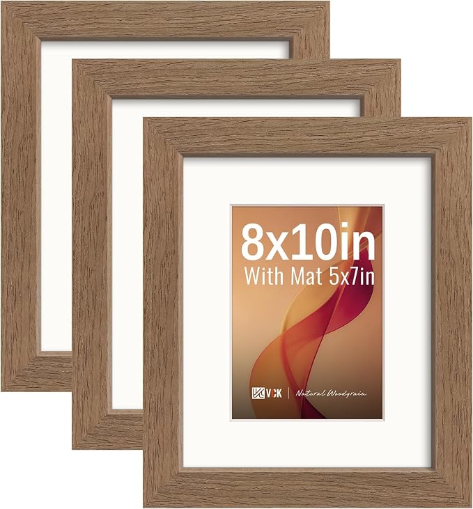 VCK 8x10 Picture Frames Walnut 3 Pack, Wide Border Wood, Tempered Glass, Display 5x7 Poster Photo with Mat or 8 x 10 Without, for Home, Office, Gallery, Woodgrain Series, Tabletop & Wall Hanging