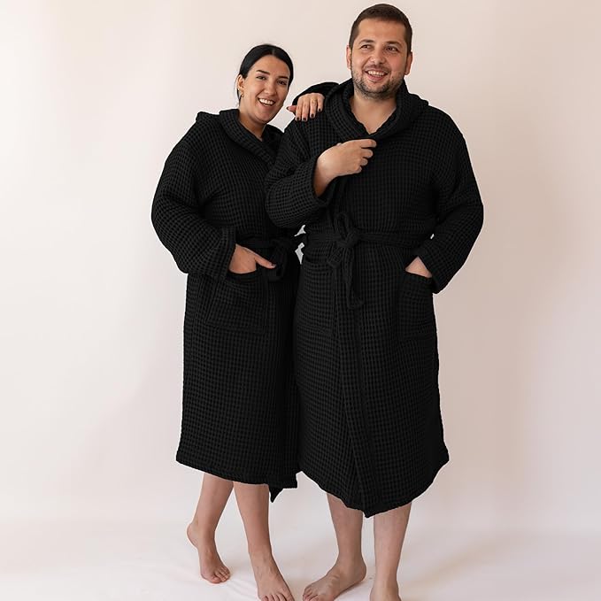 Unisex Hooded Waffle Robe for Women & Men 100% Turkish Cotton | Quick-Dry Bathrobe | Cozy Housecoat for Lounging