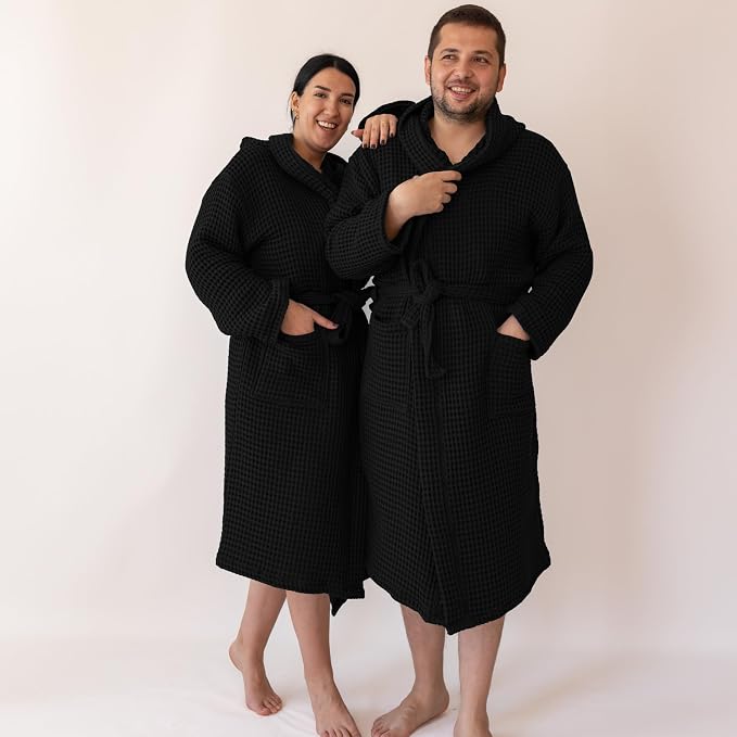 Unisex Hooded Waffle Robe for Women & Men 100% Turkish Cotton | Quick-Dry Bathrobe | Cozy Housecoat for Lounging