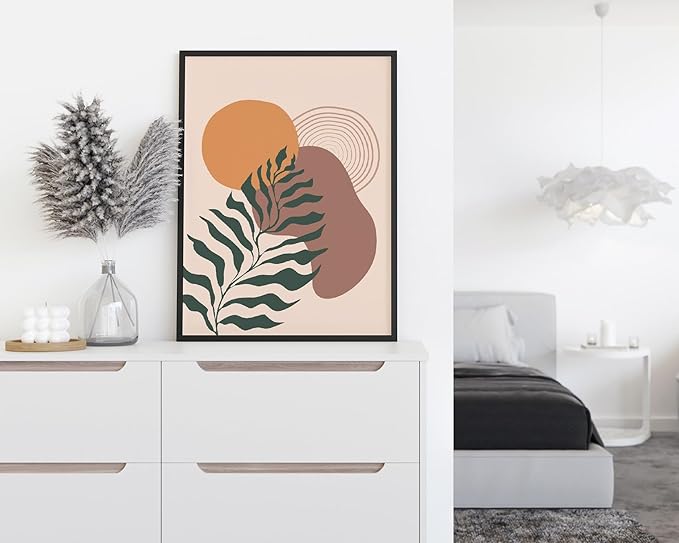 Boho Monstera Leaf Wall Art Abstract Sun Earth Tones Terracotta Mid Century Modern 12x16 Inch Oak Wood Black Framed Minimalist Botanical Print for Living Room Office