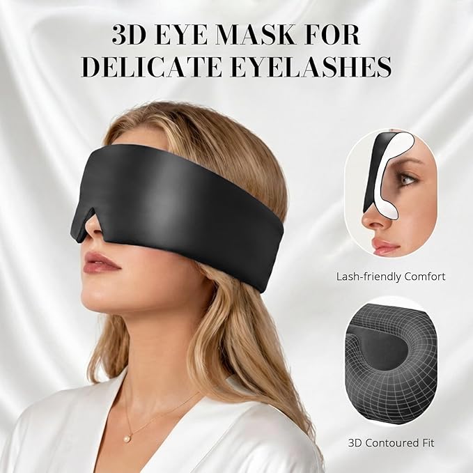22 Momme Pure Mulberry Silk Sleep Mask, 3D Contoured Cup Eye Mask for Sleeping, Super Soft Breathable Blindfold with Adjustable Strap, Perfect Blocks Light for All Night Sleep, Black