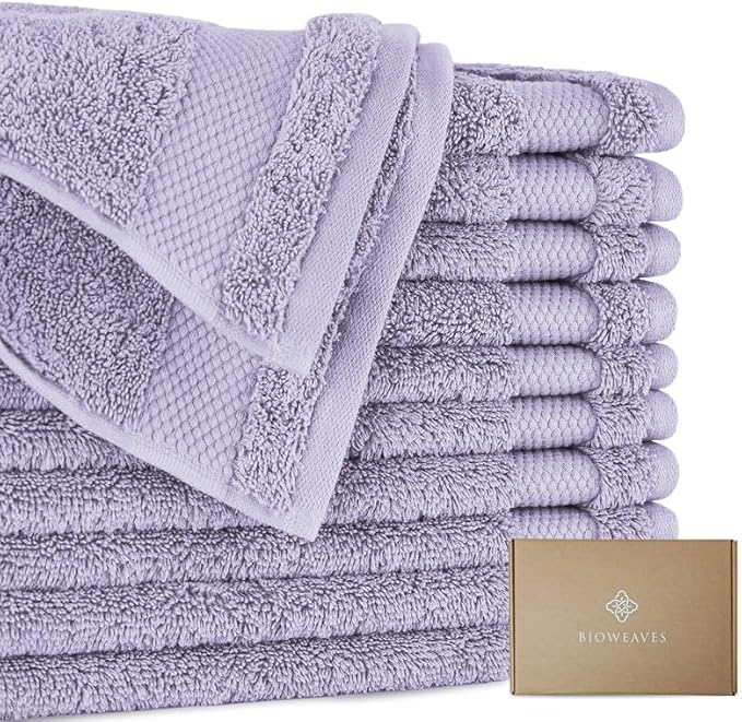 BIOWEAVES 100% Organic Cotton 700 GSM Plush Premium Washcloths 13" x 13" GOTS Certified, Face Towels Perfect for Home & Bathroom - Lavender, Pack of 12