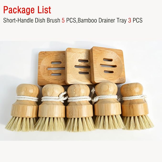 Bamboo Vegetable Brush 5-piece Set，Natural Bristle Dish Brush with Holder, Eco Friendly Soft Dish Scrubber Kitchen Brush for Dishes