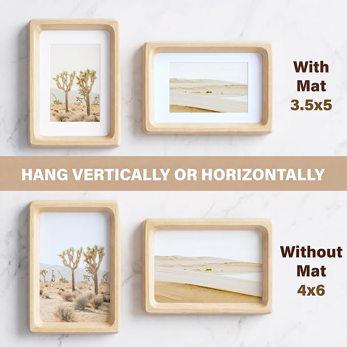 4x6 Picture Frame Set of 2, USA-Sourced Maple Wood Photo Frames with HD Tempered Glass, Handcrafted Rounded Corner 4 x 6 Wooden Frame Matted to 3.5x5 Photos, 4x6 Frames, Tabletop or Wall Display