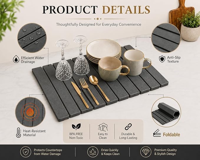 Stone Dish Drying Mat for Kitchen with Sink Splash Guard Counter, Foldable Quick Dry Dish Drying Mats, Absorbent Diatomaceous Earth Stone Drying Mats for Plate Rack Bottles Cups (Gray, 18"L×12"W)