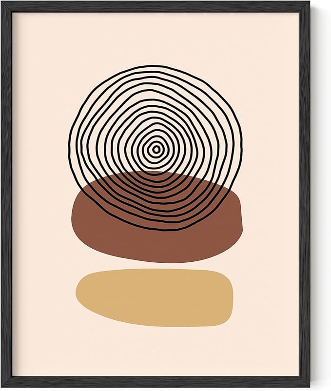 Boho Abstract Wall Art Minimalist Stacked Stones Circles Earth Tones Terracotta Mid Century Modern 11x14 Inch Oak Wood Black Framed Zen Meditation Print for Living Room Office Decor