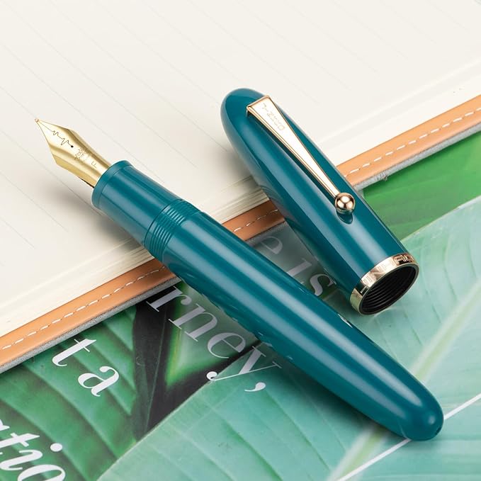 Jinhao 9019 DaDao Series Fountain Pen, Size 8 Fine Heartbeat Nib with Large Ink Converter, Lake Blue Acrylic Design Smooth Writing Pen (Gold Trim)
