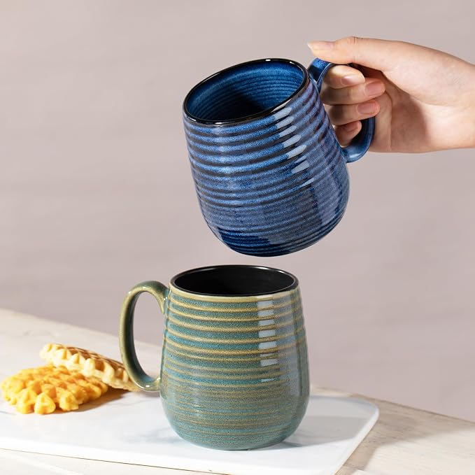 20 oz Large Ceramic Coffee Mugs set of 2, Coffee Mugs for Women and Men, Big Tea Cups, Large Handle Mug for Office and Home, Microwave and Diahwasher Safe (Blue with Stripes, 2PCS)