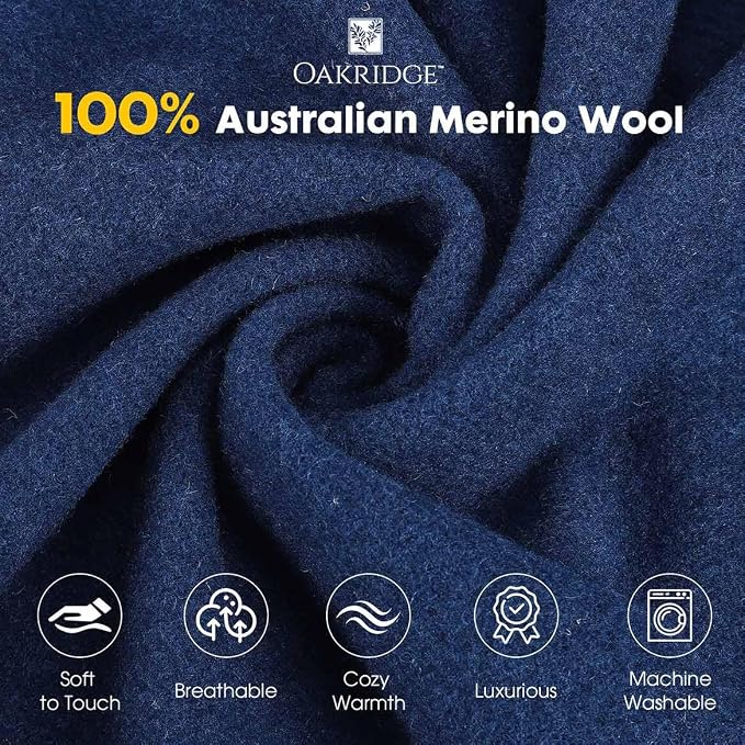 OakRidge Heirloom Merino Wool Blanket – 100% Australian Wool with Vintage Satin Edges – Breathable, Odor-Resistant, All-Season Bedding in Full/Queen Size – Navy Blue Cozy Throw for Home or Travel