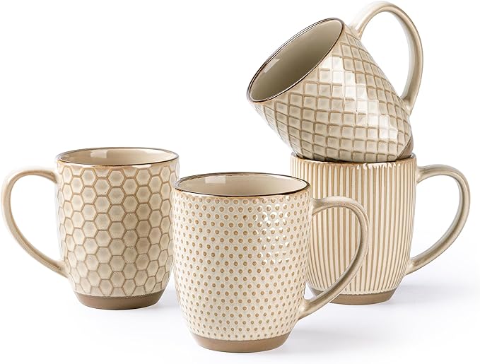 GBhome Large Coffee Mugs Set of 4, 16oz Handmade Embossed Coffee Mugs Set with Large Handle for Cappuccino/Latte/Tea/Hot Cocoa, Dishwasher & Microwave Safe, Khaki