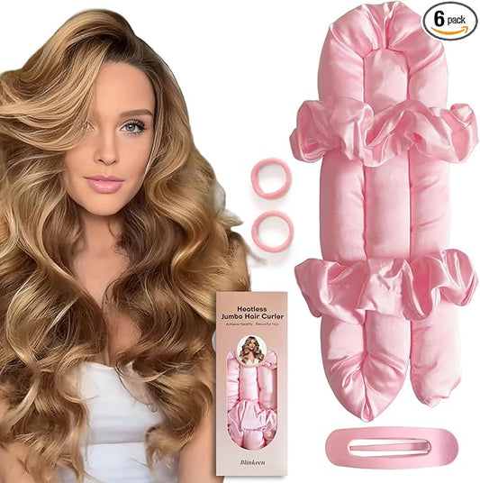 Jumbo Heatless Hair Curler Set-Satin Heatless Curls Overnight, Jumbo Curling Rod Headband, No Heat Curlers To Sleep in (Pink)