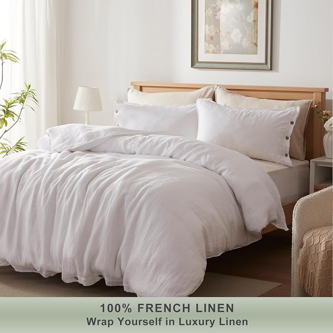 TOSMO 100% Linen Duvet Cover Set with Button Closure, 2 Pieces (1 Duvet Cover with 1 Pillowcase), Soft Breathable Durable Farmhouse Bedding - Twin, White