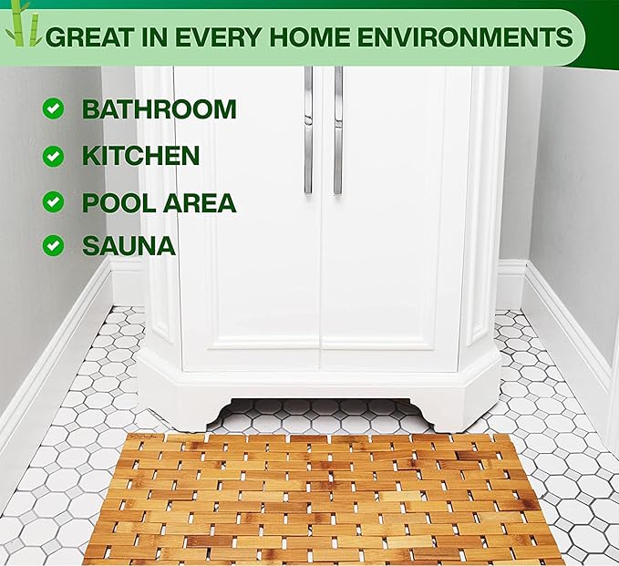 Bamboo Bath Mat, Natural Bamboo Wood, Rectangular, Non Slip, Brown, 23.6" x 15.7" for Spa Tub and Kitchen