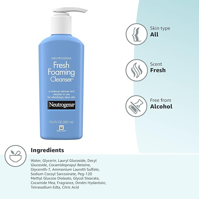 Neutrogena Fresh Foaming Gentle Daily Facial Cleanser & Makeup Remover, Oil-, Soap- & Alcohol-Free, Removes Dirt, Oil & Waterproof Makeup, Non-Comedogenic & Hypoallergenic, 9.6 fl. oz