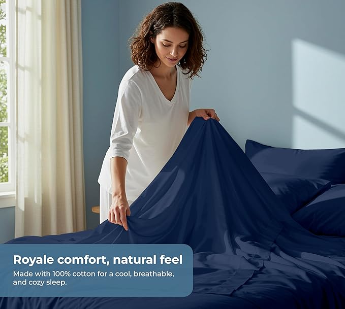 ROYALE LINENS 100% Organic Cotton Queen Sheet Set - Percale Weave - 4 Pieces Set - 1 Flat, 1 Deep Pocket Fitted Sheet and 2 Pillowcases - Navy Bed Sheets - Sábanas Queen - Crisp Cool (Navy)
