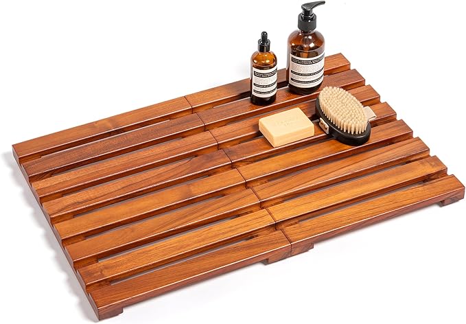 Premium Teak Shower Mat - 24" x 16" Non-Slip Wooden Bath Mat for Bathroom Floor, Fast-Drying Spa-Style Solid Wood Duckboard, Indoor & Outdoor Use