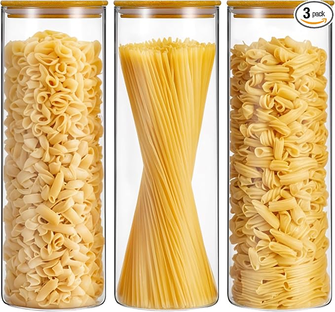 Set of 3 Glass Food Storage Jars,70oz Large Food Containers with Airtight Bamboo Wooden Lids for Pasta, Nuts, Flour, Glass Canisters for Kitchen, Pantry Organization and Storage, BPA Free