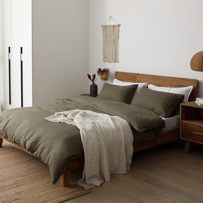 XZ XIFA Olive Green Linen Duvet Cover Full, 100% Washed French Flax Linen Bedding Set with Zipper Closure, Cooling & Textured Bed Sets for Hot Sleepers(1 Duvet Cover, 2 Pillowcases)