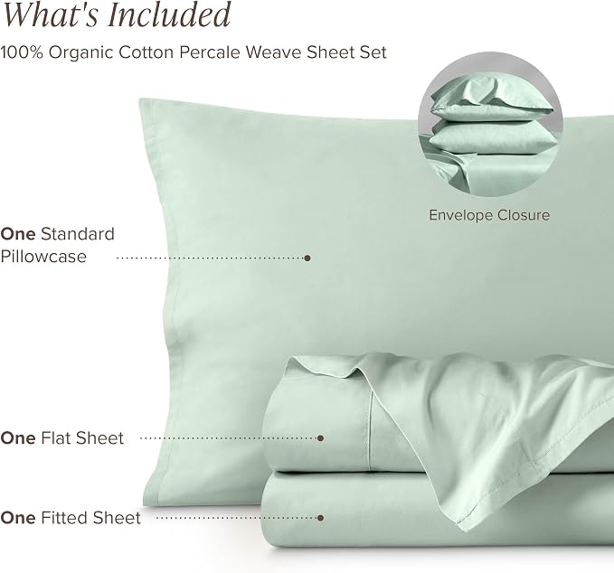 Bare Home 100% Organic Cotton Twin XL Sheet Set - Crisp Percale Weave - Lightweight & Breathable - Bedding Sheets & Pillowcases (Twin XL, Willow)