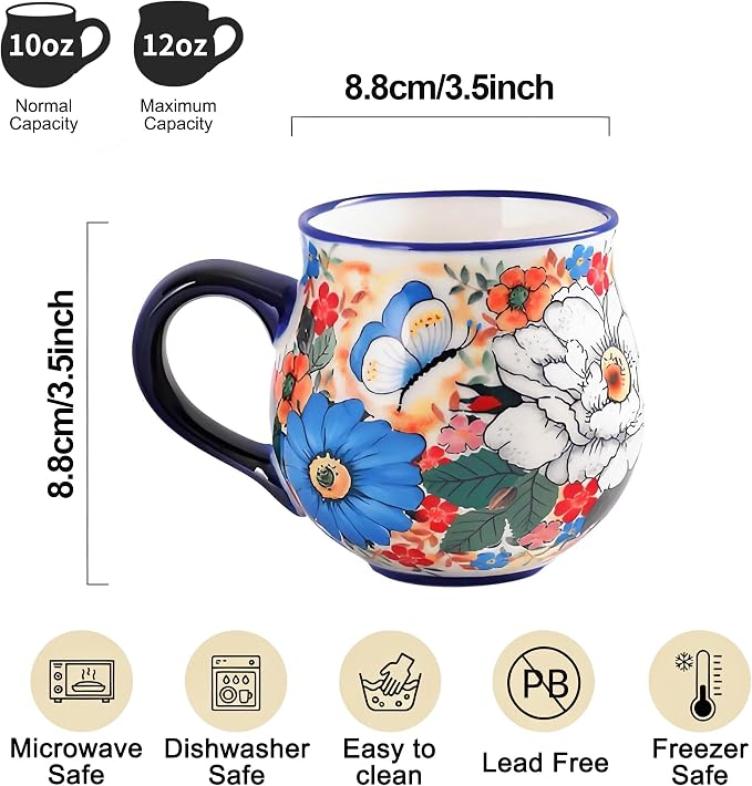 ALMA 12oz Handpainted Ceramic Tea Mugs | Microwave & Dishwasher Safe, Polish Pottery Alternative, Kitchen Cabinet Winter Home Decor, For Home Aesthetic Lovers & Wife