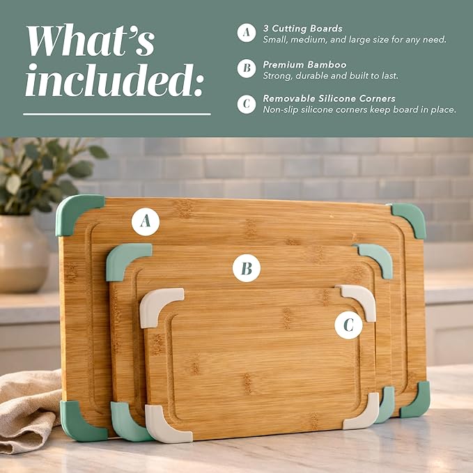 COOK WITH COLOR Non-Slip Cutting Board Set – Kitchen Essentials with Easy Grip Handle for Meat, Veggies, and Fruits, 3 Cutting Boards, Bamboo Non-Slip Sage