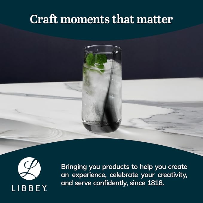 Libbey Black Ribbon Drinking Glasses Set of 8, 16 Oz Sleek Ribbon Accent Drinking Glass Cups, Durable Water Glasses Set for Soft Drinks, Iced Tea