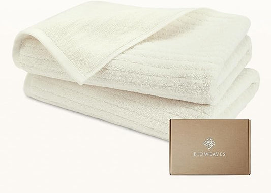 BIOWEAVES 100% Organic Cotton 700 GSM Luxury Ribbed Bath Towel Set for Bathroom 30" x 58" GOTS Certified - Ivory, Pack of 2
