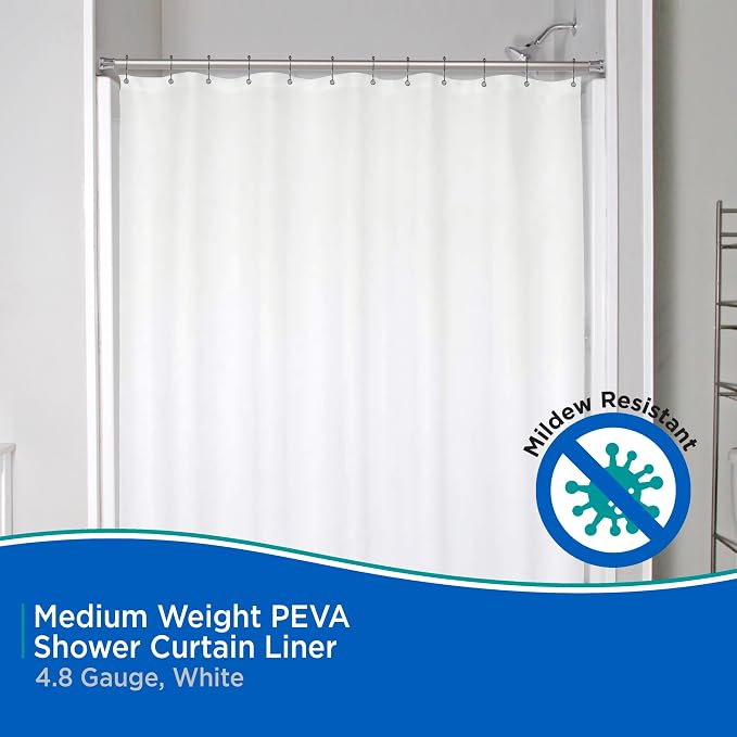 Kenney KN61440PK2 Medium Weight 5 Gauge Waterproof PEVA Shower Curtain Liner with Rust-Resistant Metal Grommets and Weighted Magnetic Hem for Bathroom, 70" W x 72" H, White, 2-Pack