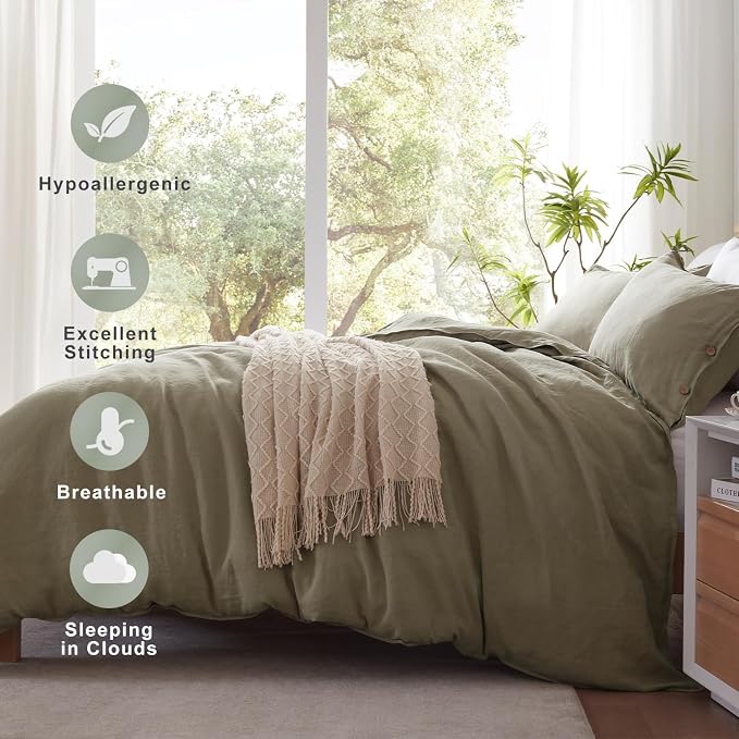 TOSMO 100% Linen Duvet Cover Set with Button Closure, 2 Pieces (1 Duvet Cover with 1 Pillowcase), Soft Breathable Durable Farmhouse Bedding - Twin, Taupe
